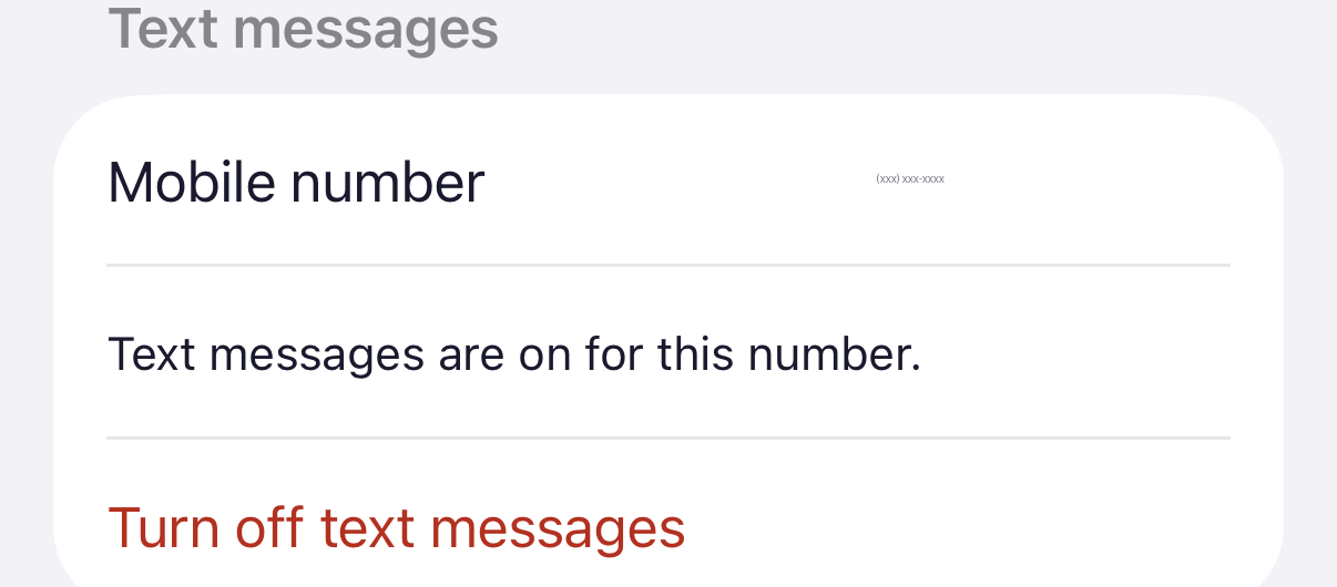 Johnny6 app settings after opting in: Text messages are on for this number, with a Turn off text messages button